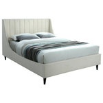 Meridian Furniture - Eva Velvet Upholstered Bed, Cream, King - Snuggle up to a pet or other loved one in this richly upholstered Eva cream velvet king size bed for the ultimate in rest and relaxation. The wing back headboard has cushioned vertical deep channel tufting, and both the side rails and footboard are upholstered too for your comfort. Tapered black wood legs match the upholstery and support this contemporary bed, elevating it sufficiently that you can store items underneath.