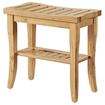Linon Bracken Sturdy Solid Bamboo Bathroom Stool with Shelf in Natural Brown