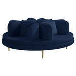 Meridian Furniture - Circlet Velvet Upholstered Roundabout Sofa, Navy - Bring untold elegance to your room with this Circlet velvet roundabout sofa. This exceptionally crafted piece of furniture is upholstered with soft navy velvet material that's sumptuous to the touch. The four back cushions and matching pillows are comforting to the back as you and guests sit, and the gold iron legs make the sofa a sturdy addition to your room.