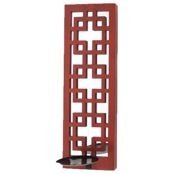 17" x 5" x 6" Red, Vintage Wood, Lattice Mirror Candle Holder Sconce
