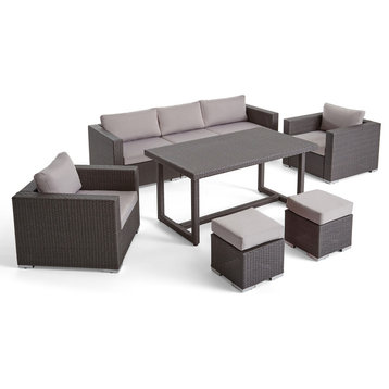 Liverpool Rosa Outdoor 7 Seater Wicker and Aluminum Sofa Dining Set, Gray/Silver