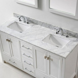 60 inch White Bathroom Vanity with White Carrera Marble Top - Bathroom Vanities And Sink Consoles