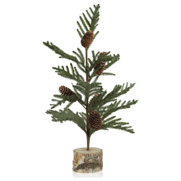 2-Piece Set Artificial Spruce Tree with Small Pinecones on Birch Base, 25"