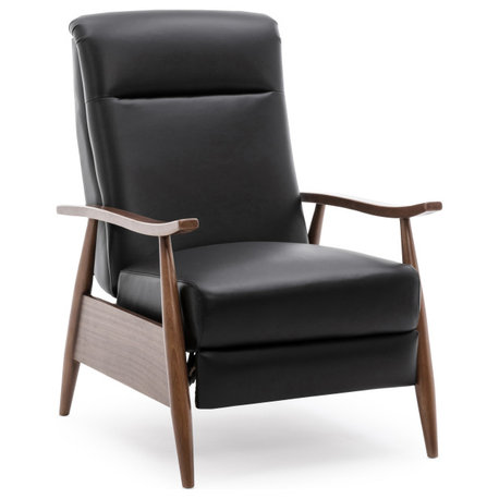 Fairview Leather Wood Arm Push Back Recliner, Black
