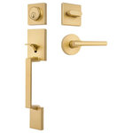 Designers Impressions - Keeneland Design Satin Brass Contemporary Handleset with Kain Lever - Designers Impressions is a customer-focused brand dedicated to providing the finest quality decorative door hardware, door knobs, and door levers at competitive prices. Clean, modern and contemporary, the Keeneland Design Satin Brass Contemporary Handleset offers dramatic style to complement a wide selection of designs. The included single-cylinder deadbolt features a Kwikset KW1 5-pin keyway on the outside, and a turn-tab on the inside.