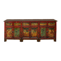 Chinese Distressed Red Graphic Long Sideboard Console Table Cabinet - Buffets And Sideboards