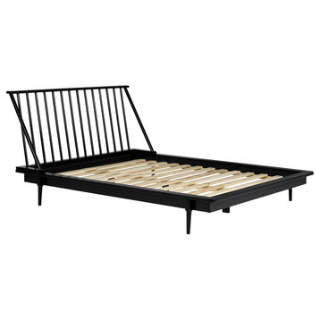 Queen Size Platform Bed, Pine Wood Construction With Spindle Headboard, Black