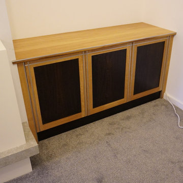 Living Room Contemporary Oak Cabinetry and Fumed Eucalyptus Shelves | Cheltenham