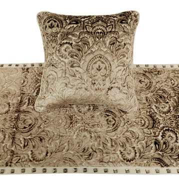 Beige King 90"x18" Bed Runner With Pillow Cover, Velvet Damask Henriretta