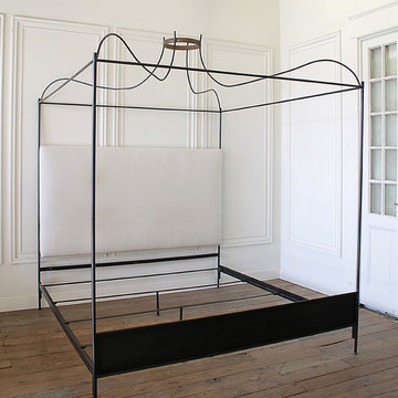 King Size Venetian Iron Canopy Bed with Upholstered Antique Linen Headboard