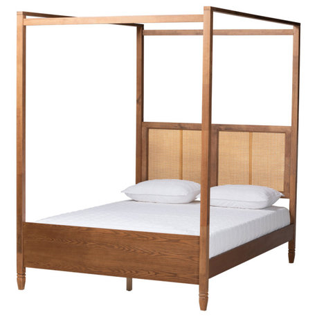 Renesmae Modern Farmhouse Walnut Effect Platform Canopy Bed, King