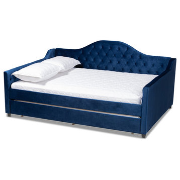 Perry Royal Blue Velvet and Button Tufted Queen Size Daybed With Trundle