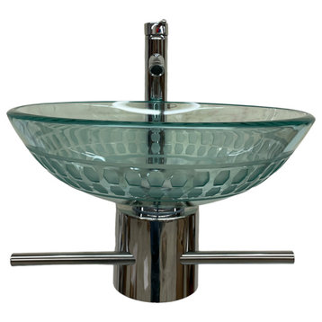Wall Mount Bathroom Vanity Clear Glass Round Sink With Small Pedestal Set