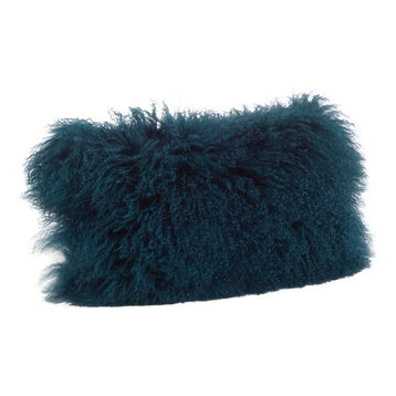Mongolian Lamb Fur Poly Filled Throw Pillow, Teal, 12"x20"