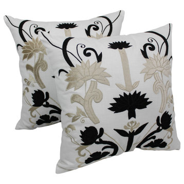 20" Indian Floral Throw Pillows, Set of 2, Black/Beige Velvet/Ivory Fabric