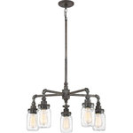 Quoizel - Quoizel Squire Five Light Chandelier SQR5005RK - Five Light Chandelier from Squire collection in Rustic Black finish. Number of Bulbs 5. Max Wattage 100.00 . No bulbs included. Shabby chic, industrial, rustic��_the Squire Collection contains all of these elements in one, cohesive design. The fixture body is comprised of pipes and elbows finished in a Rustic Black which features an aged appearance. The beautiful clear glass mason jars are embellished with fruit-inspired designs that encase vintage-style bulbs completing the farmhouse style. (Please note that the vintage bulbs are not included but are available for purchase.) No UL Availability at this time.