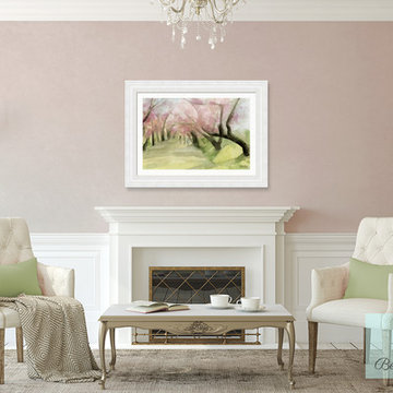 Blush Pink Living Room with Spring Cherry Blossoms Art