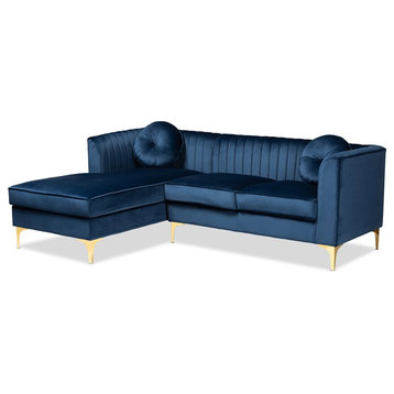 Baxton Studio Giselle Navy Blue Velvet Gold Finished Sectional Sofa