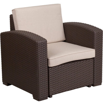 Faux Rattan Chair With All-Weather Beige Cushion, Chocolate Brown