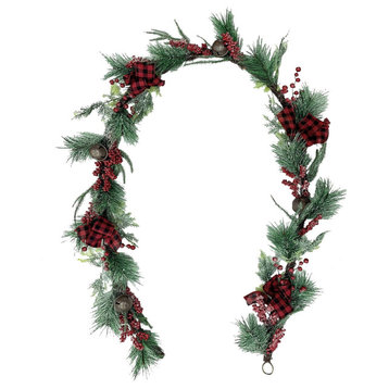 9' Frosted Christmas Garland, Red Berries, Plaid Bows, Rustic Sleigh Bells