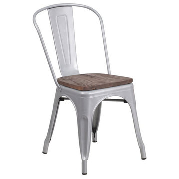 Flash Furniture Metal Dining Side Chair in Silver and Wood Grain