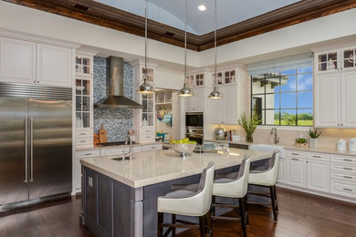 Example of a transitional l-shaped dark wood floor and brown floor kitchen design in Tampa with a farmhouse sink, raised-panel cabinets, white cabinets, quartzite countertops, beige backsplash, stainless steel appliances, an island and beige countertops