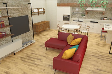 Immagine di un soggiorno design aperto con parquet chiaro, camino classico, cornice del camino in pietra e libreria