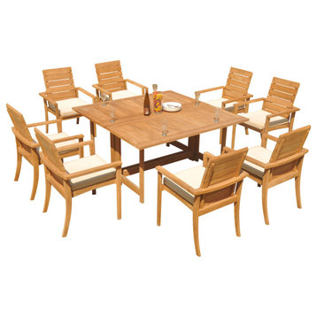9-Piece Outdoor Teak Set: 60" Square Butterfly Table, 8 Alps Stacking Arm Chairs