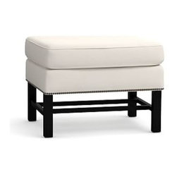 Pottery Barn - Thatcher Upholstered Ottoman, Polyester Wrapped Cushions, Denim Coffee - Outdoor Footstools And Ottomans