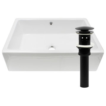 Rectangular White Porcelain Vessel Sink with Overflow Drain, Matte Black
