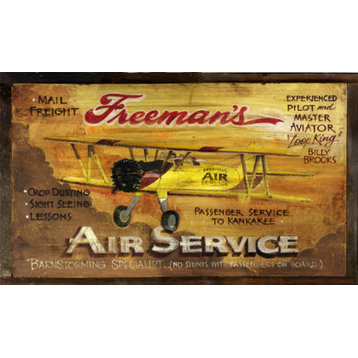 Vintage Aviation Signs Freeman's Air Service Biplane Rustic Sign, 26x14