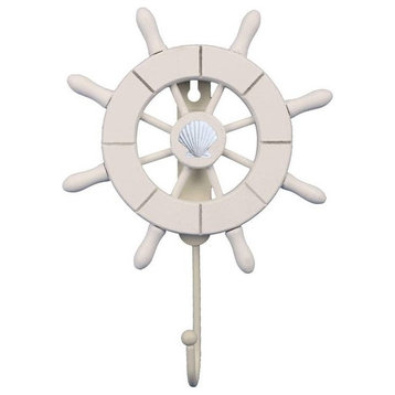 White Decorative Ship Wheel With Seashell With Hook 6'', Wooden Ships Wheel