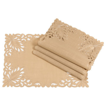 Wilshire Embroidered Cutwork Placemats, Beige, 14"x 20", Set of 4