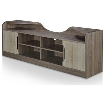 TV Stand, Open Shelves and Doors With Cut Out Pulls, Chestnut Brown, Natural Oak
