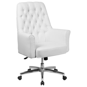 Ergonomic Tufted White Faux Leather Mid-Back Swivel Computer Desk Chair