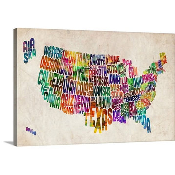 Map of USA showing State names in text  Wrapped Canvas Art Print, 18"x12"x1.5"