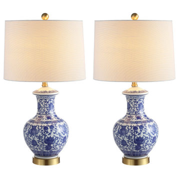 Jennifer 25.25" Ceramic Led Table Lamp, Blue and White, Set Of 2