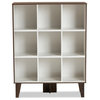 Modern Two-Tone White and Walnut Brown Finished Wood 9-Shelf Bookcase