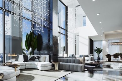 Huge trendy formal and open concept porcelain tile and beige floor living room photo in Other with white walls, a hanging fireplace, a stone fireplace and a wall-mounted tv