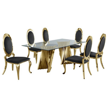 Clear Glass Dining Set with Table and 6 Oval Black Velvet Chairs