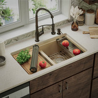 Karran Undermount 32.5 in. Double 50/50 Bowl Workstation Kitchen Sink, Bisque