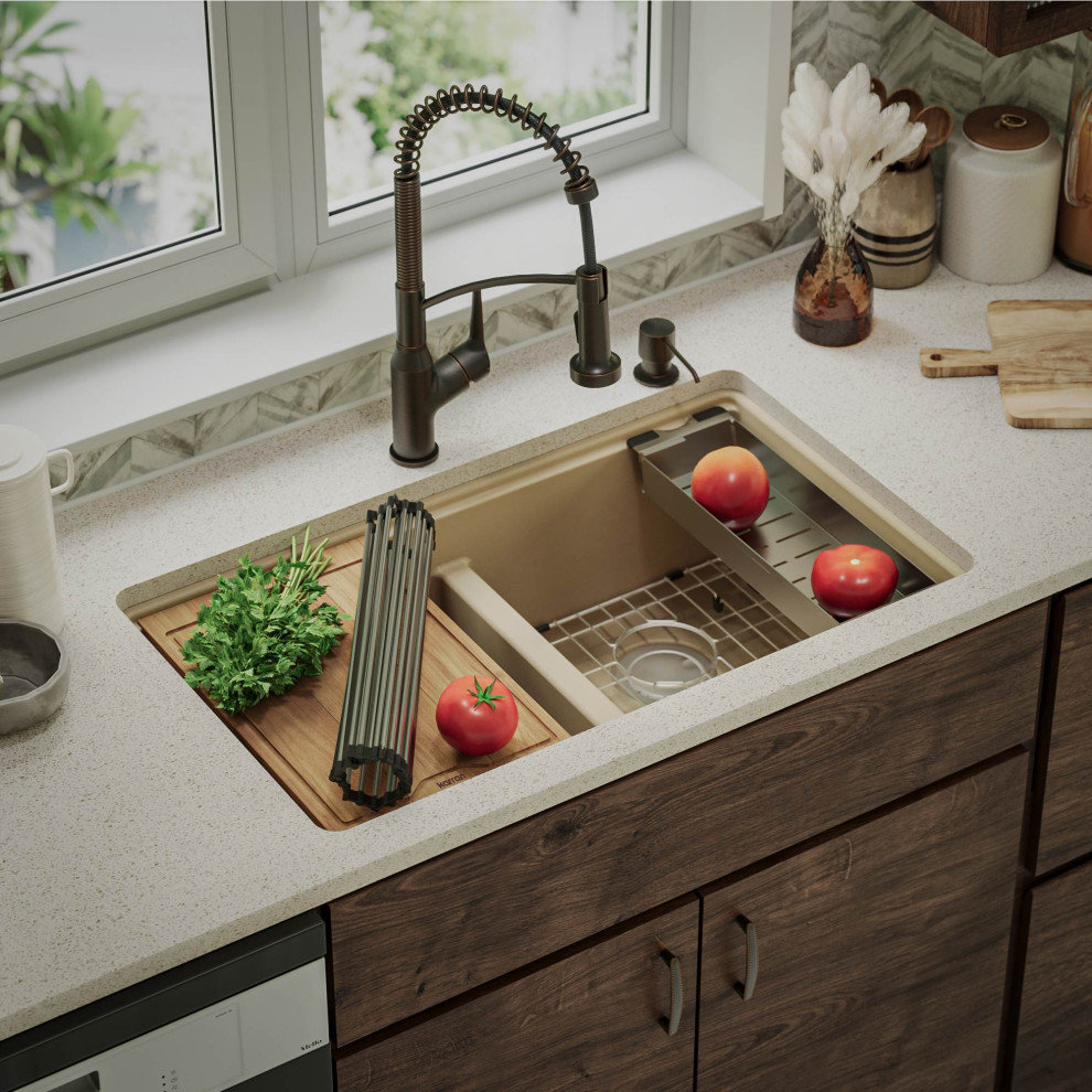Karran Undermount 32.5 in. Double 50/50 Bowl Workstation Kitchen Sink, Bisque