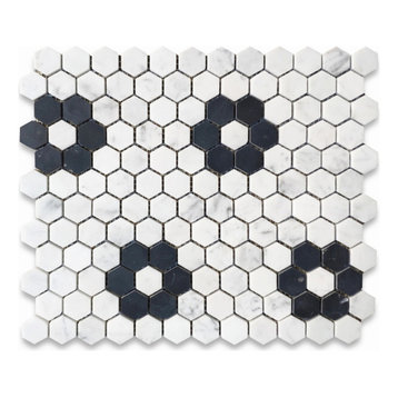Carrara White 1" Hexagon Black Marble Rosette Flower Mosaic Tile Honed, 1 sheet