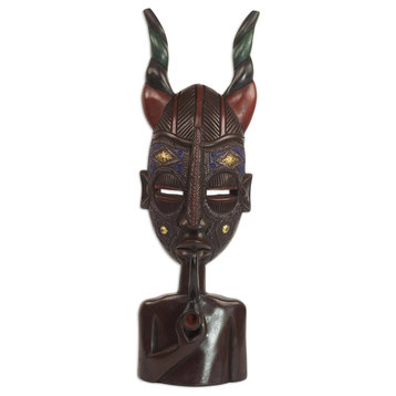 Novica Horned Naab African Wood Mask