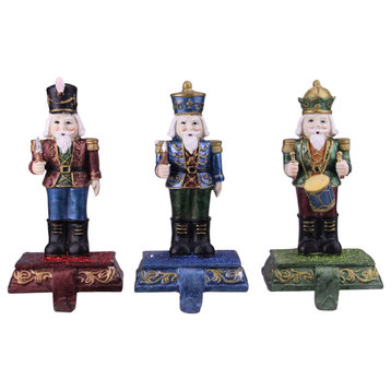 Set of 3 Blue Red and Green Glittered Nutcracker Stocking Holders 7.75"