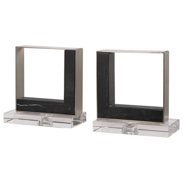 Open Square Black Marble Bookends Mid Century Silver Geometric, 2-Piece Set