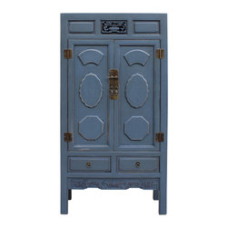 Chinese Distressed Gray Blue Lacquer Tall Armoire Storage Cabinet cs2238 - Accent Chests And Cabinets