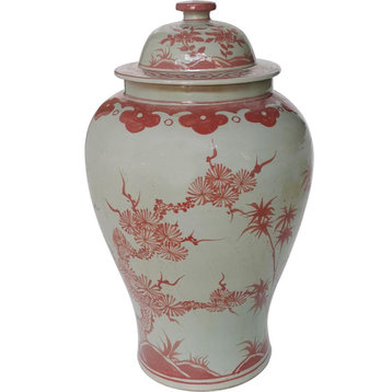 Temple Jar Vase Plum Tree Coral Red Pink Ceramic Handmade Ha
