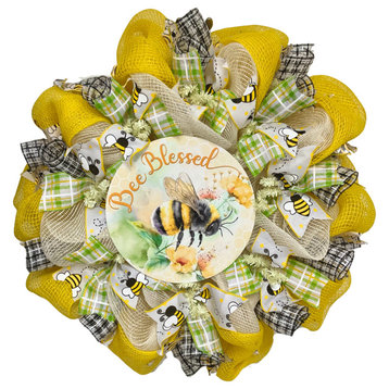 Bee Blessed Welcome Wreath Handmade Deco Mesh 24 inch or 28 inch diameter, Extra Large 28 Inch Diameter