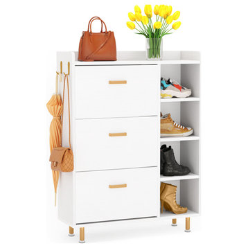 Flip Drawers Shoe Cabinet With 3 Flip Drawers and 5 Tiers Shelves, White
